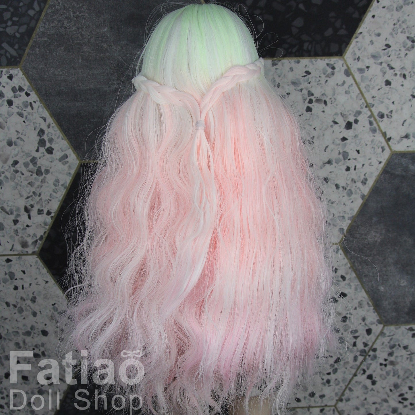 Fatiao - New Dollfie SD 1/3 BJD DD Dolls Long curly Wig size 8-9" - Fluorescent yellow-pink gradient