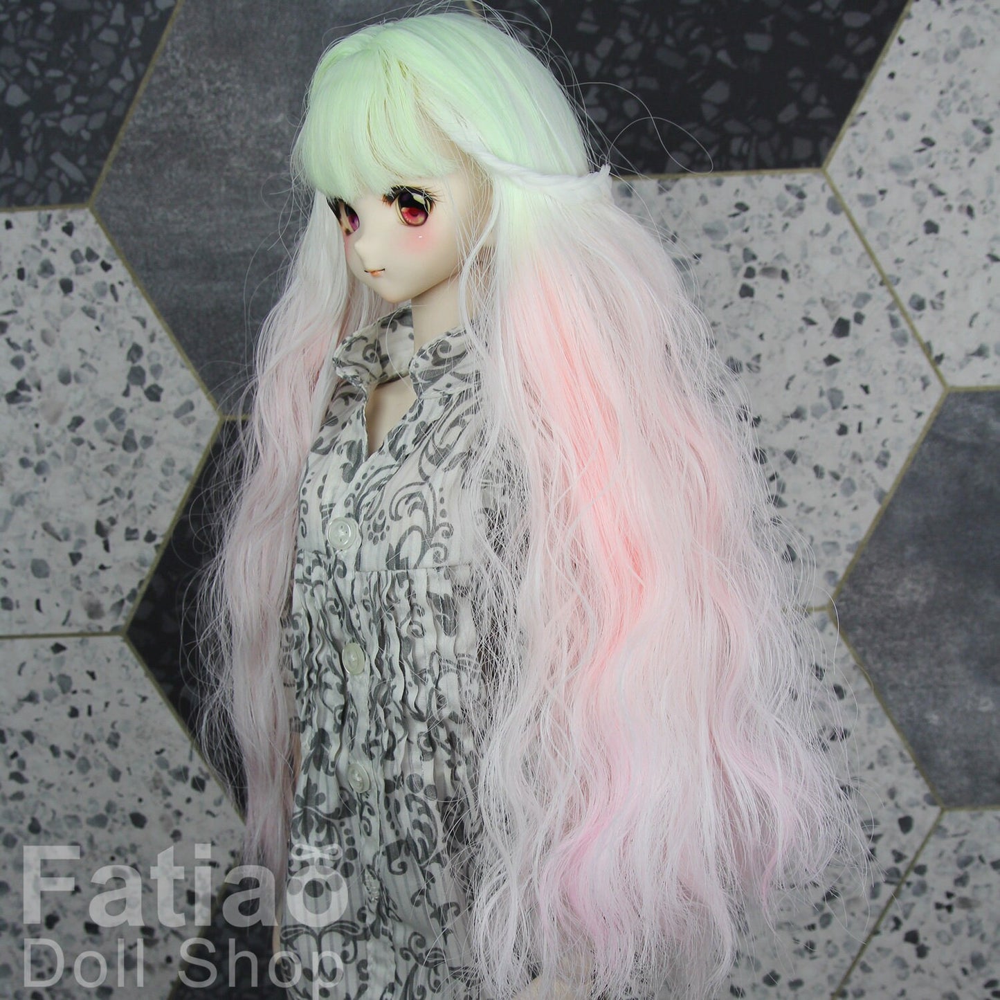 Fatiao - New Dollfie SD 1/3 BJD DD Dolls Long curly Wig size 8-9" - Fluorescent yellow-pink gradient