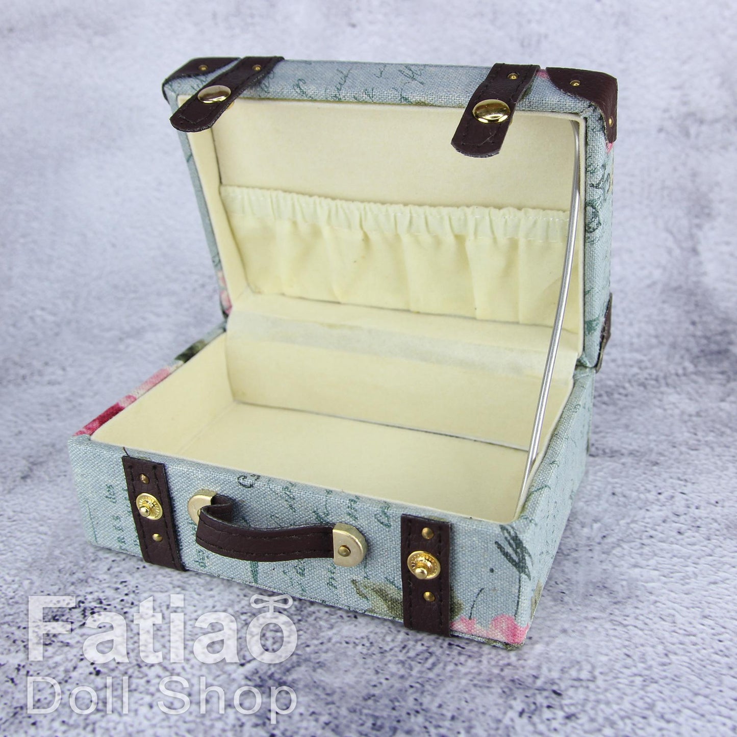 Doll BJD Dollfie Vintage Leather Miniature suitcase Trunk Bag - Gray-blue Floral