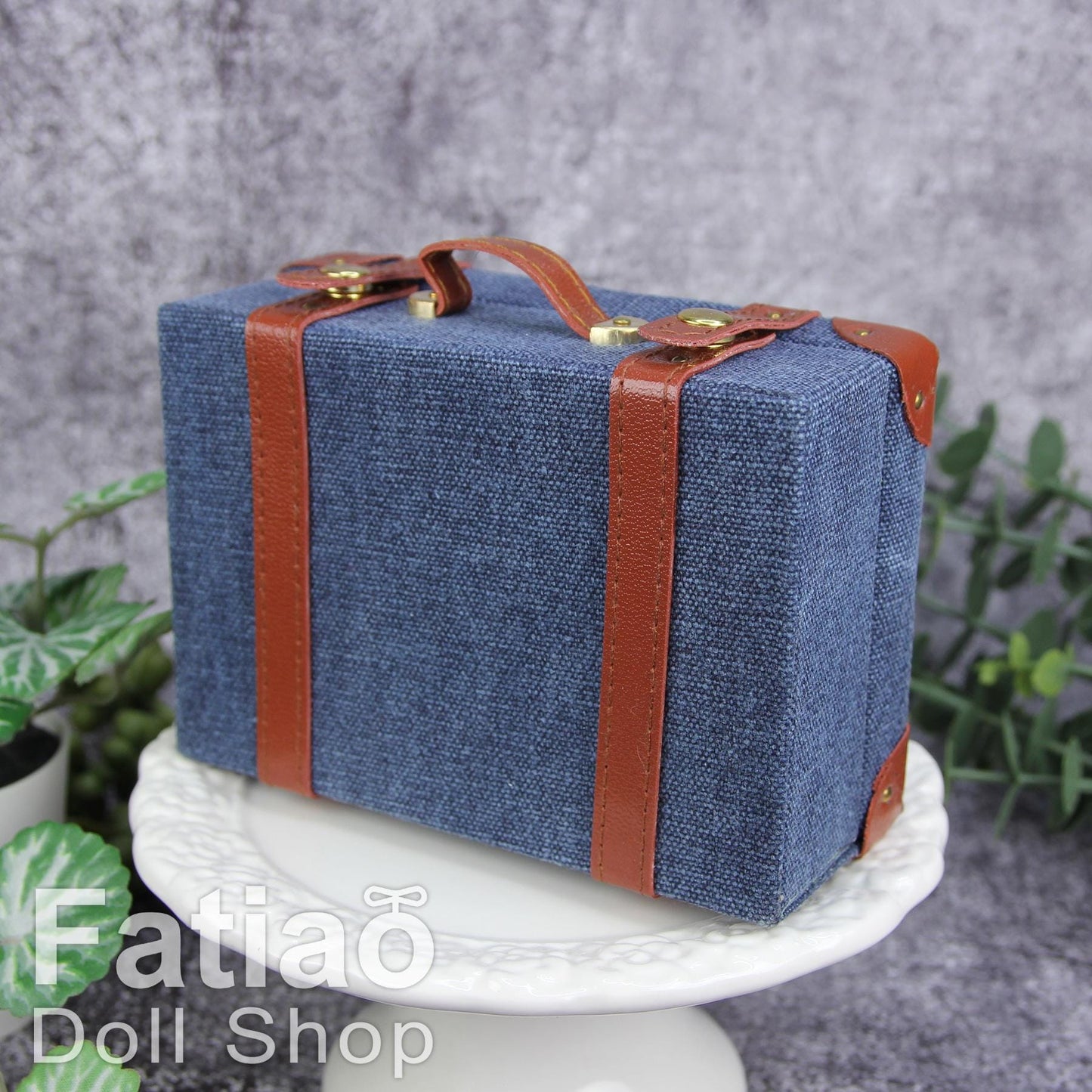 Doll BJD Dollfie Vintage Leather Miniature suitcase Trunk Bag - denim