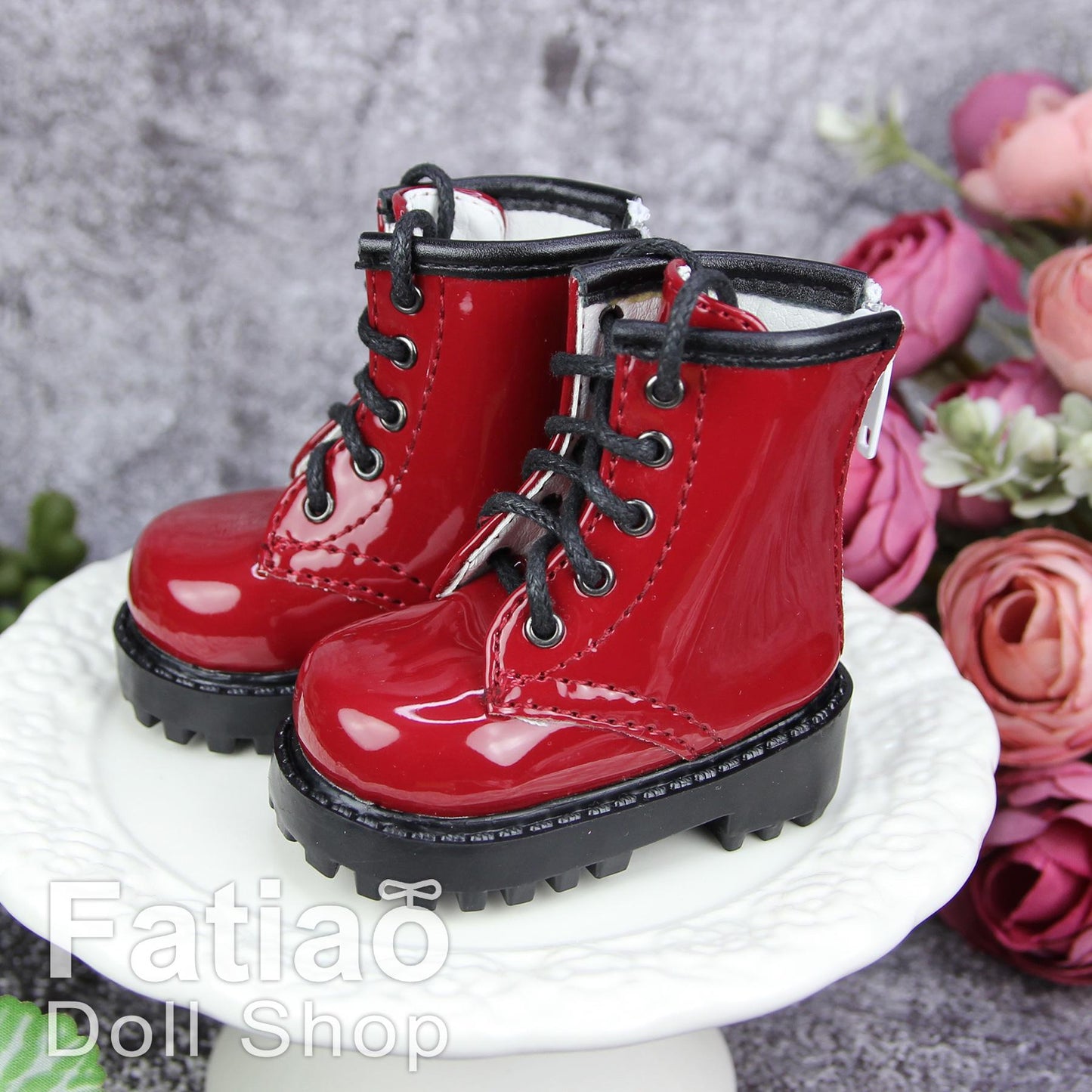 Fatiao - 1/4 BJD MSD dollfie Lace-up Boots Shoes - Red (Size 6cm)