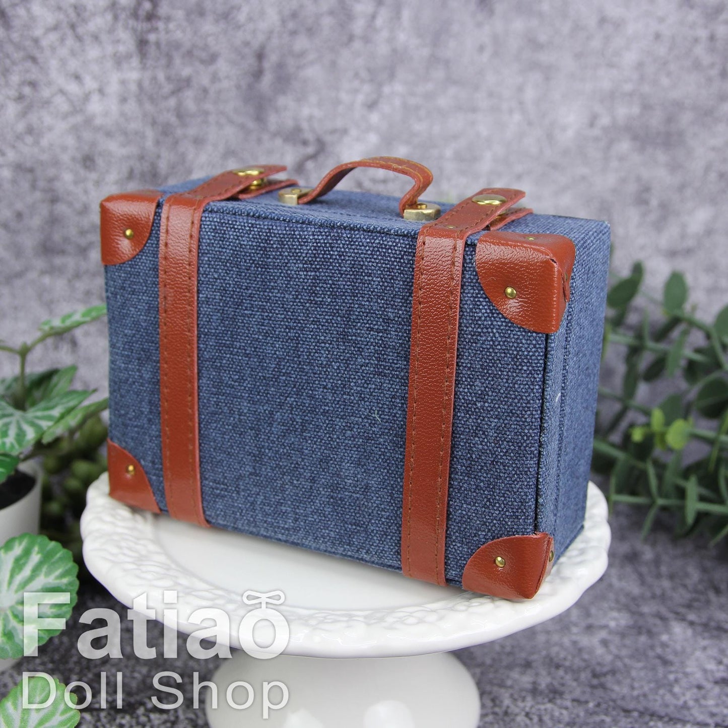 Doll BJD Dollfie Vintage Leather Miniature suitcase Trunk Bag - denim