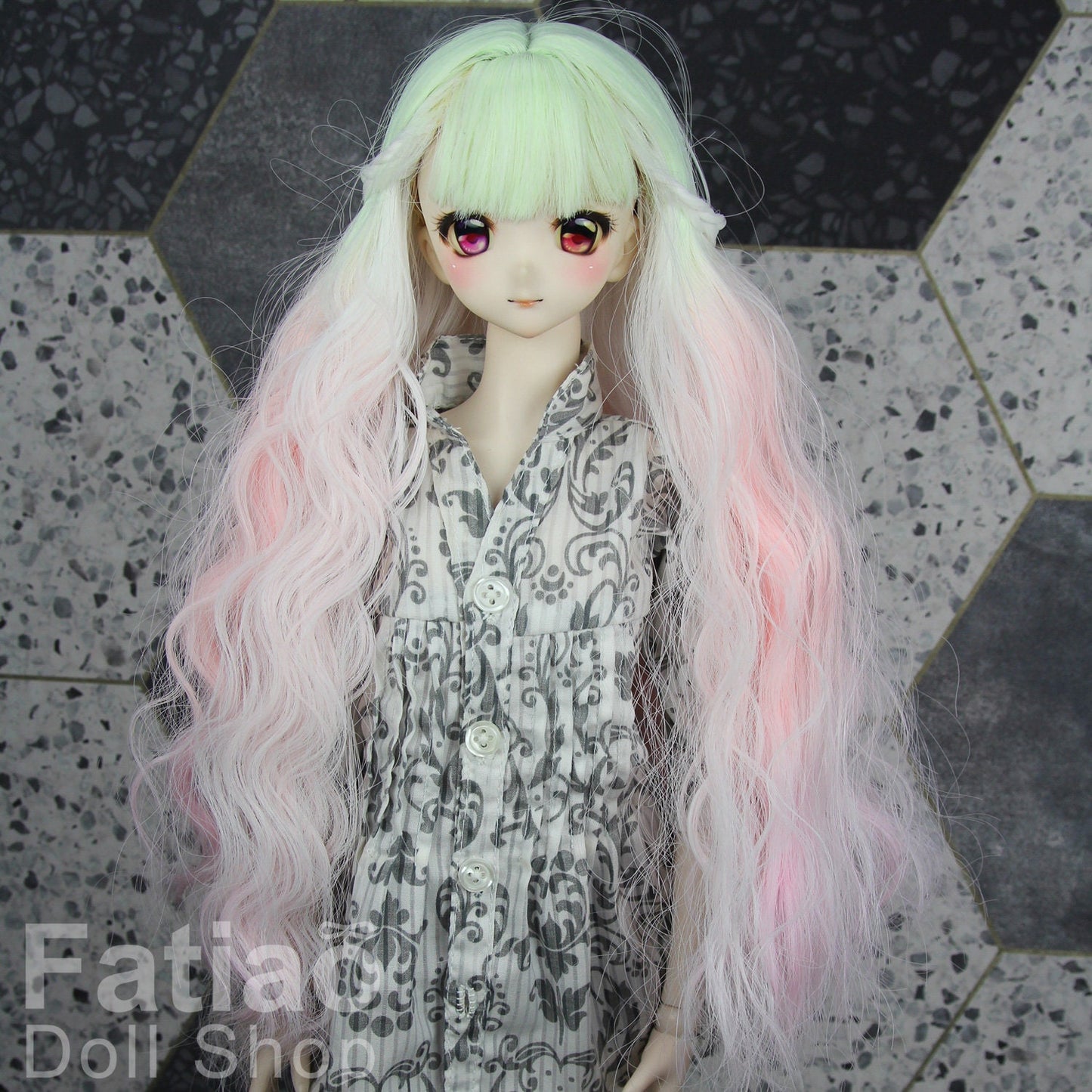 Fatiao - New Dollfie SD 1/3 BJD DD Dolls Long curly Wig size 8-9" - Fluorescent yellow-pink gradient