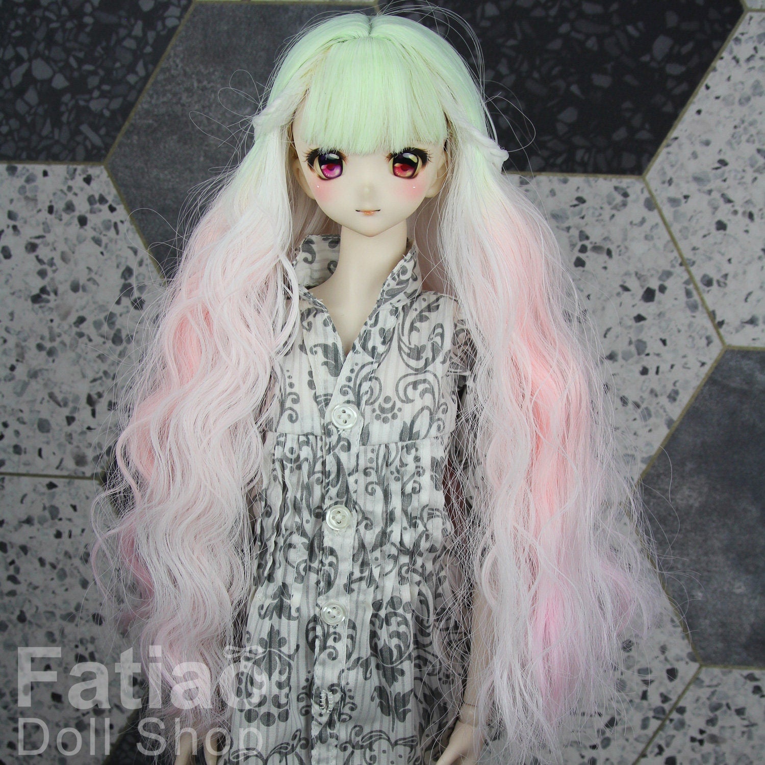 Fatiao - New Dollfie SD 1/3 BJD DD Dolls Long curly Wig size 8-9" - Fluorescent yellow-pink gradient