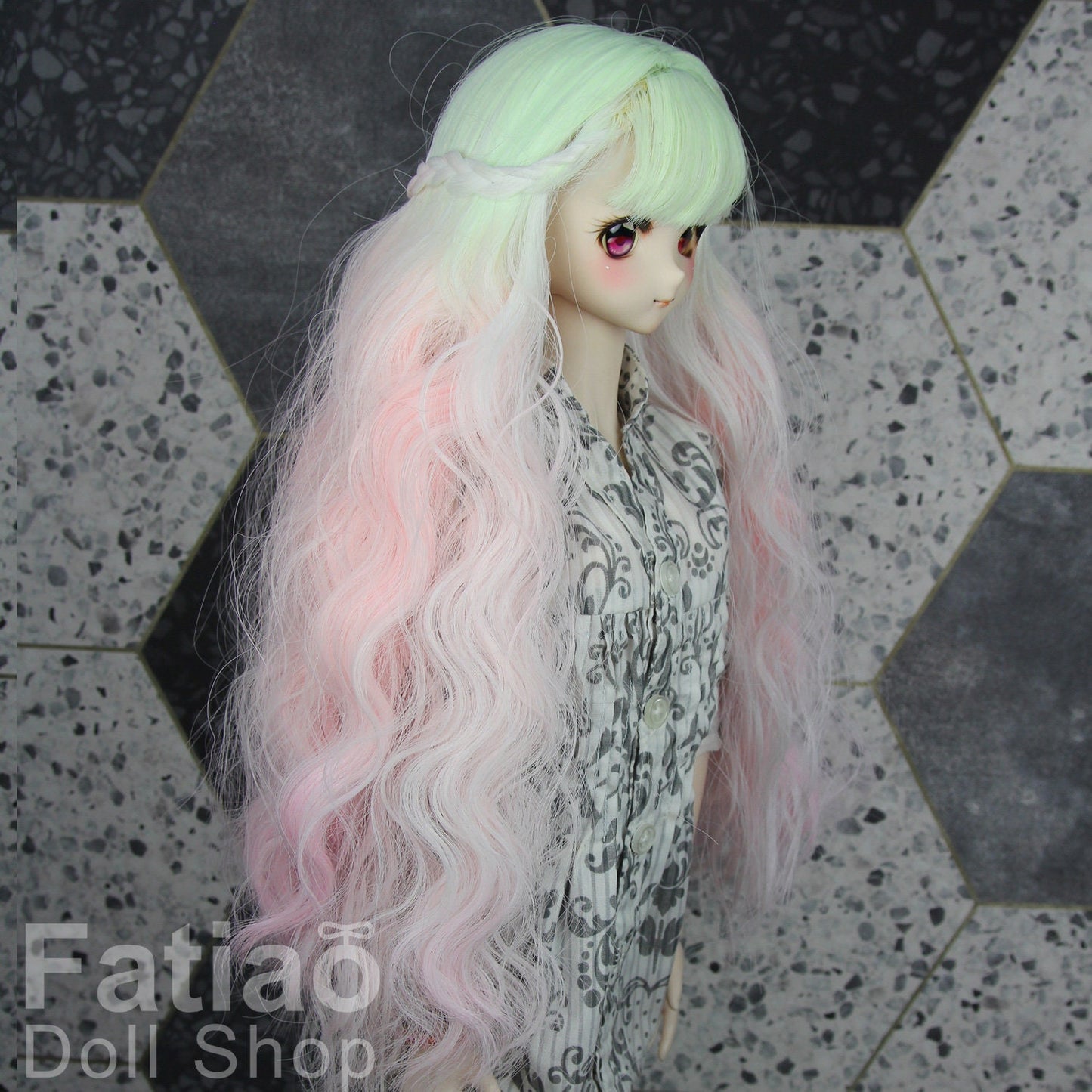 Fatiao - New Dollfie SD 1/3 BJD DD Dolls Long curly Wig size 8-9" - Fluorescent yellow-pink gradient