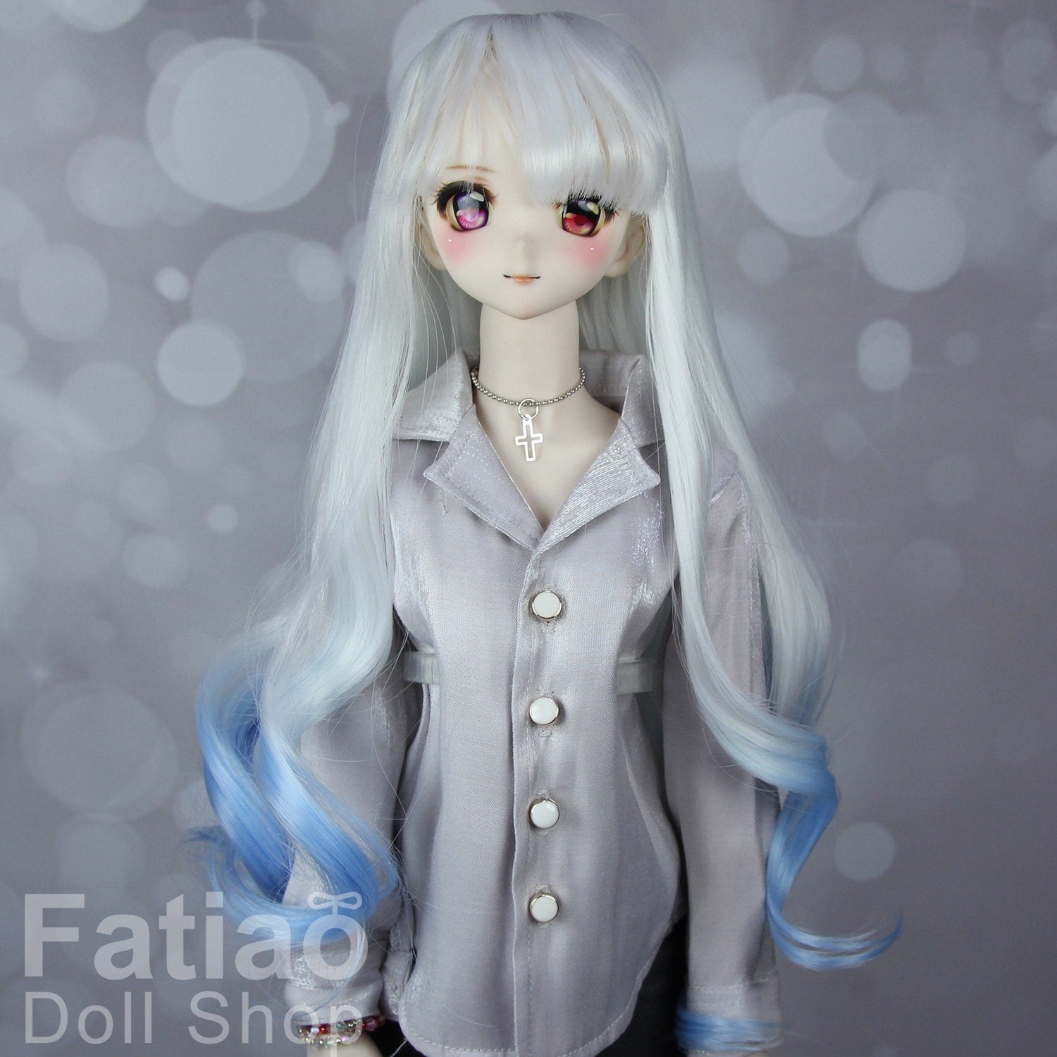 Fatiao - New Dollfie SD 1/3 BJD DD Dolls Long curly Wig size 8-9" - White-Blue gradient