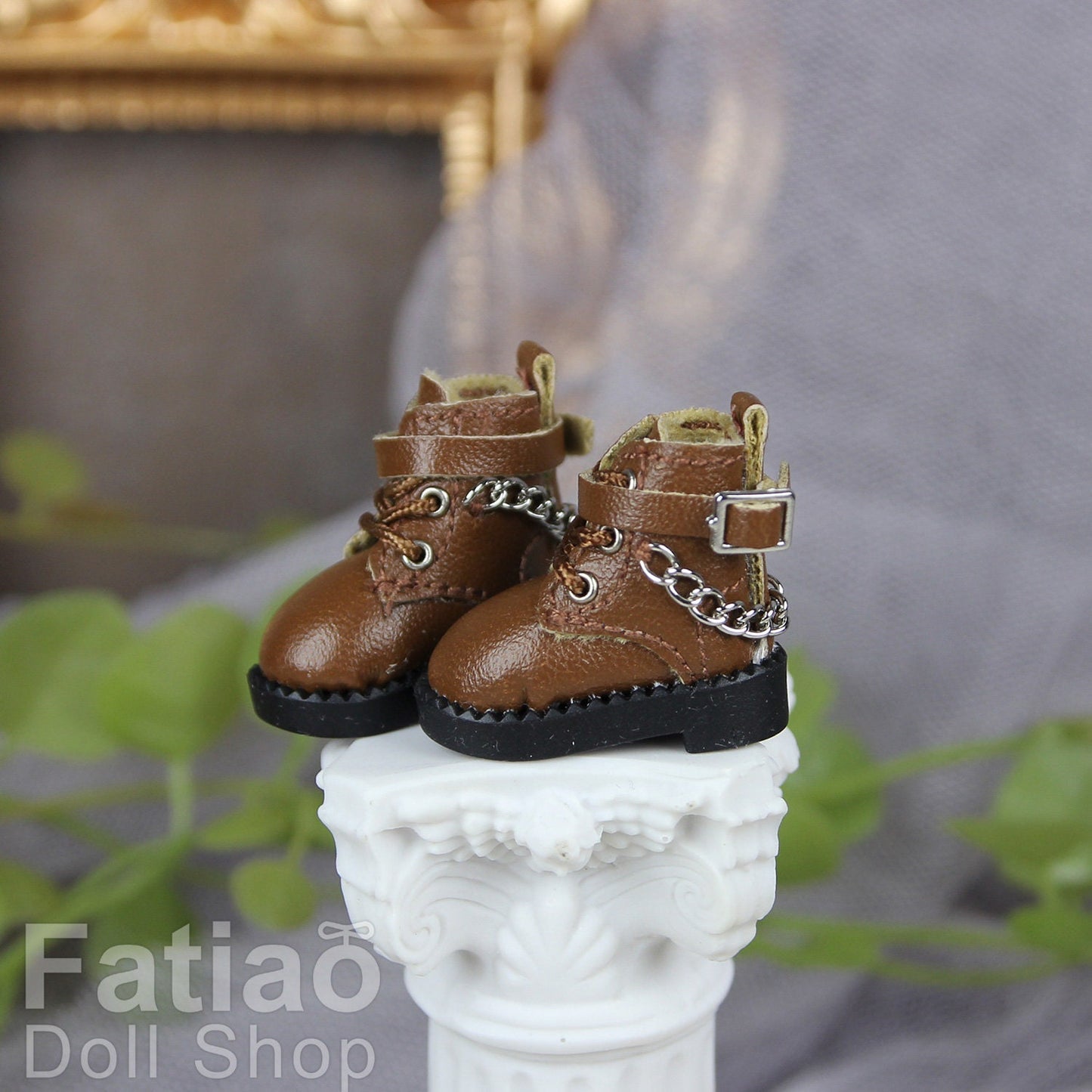 Fatiao - New Obitsu 11 OB11 1/12 BJD Nendoroid Blythe pullip doll punk iron chain Lace-up boots shoes