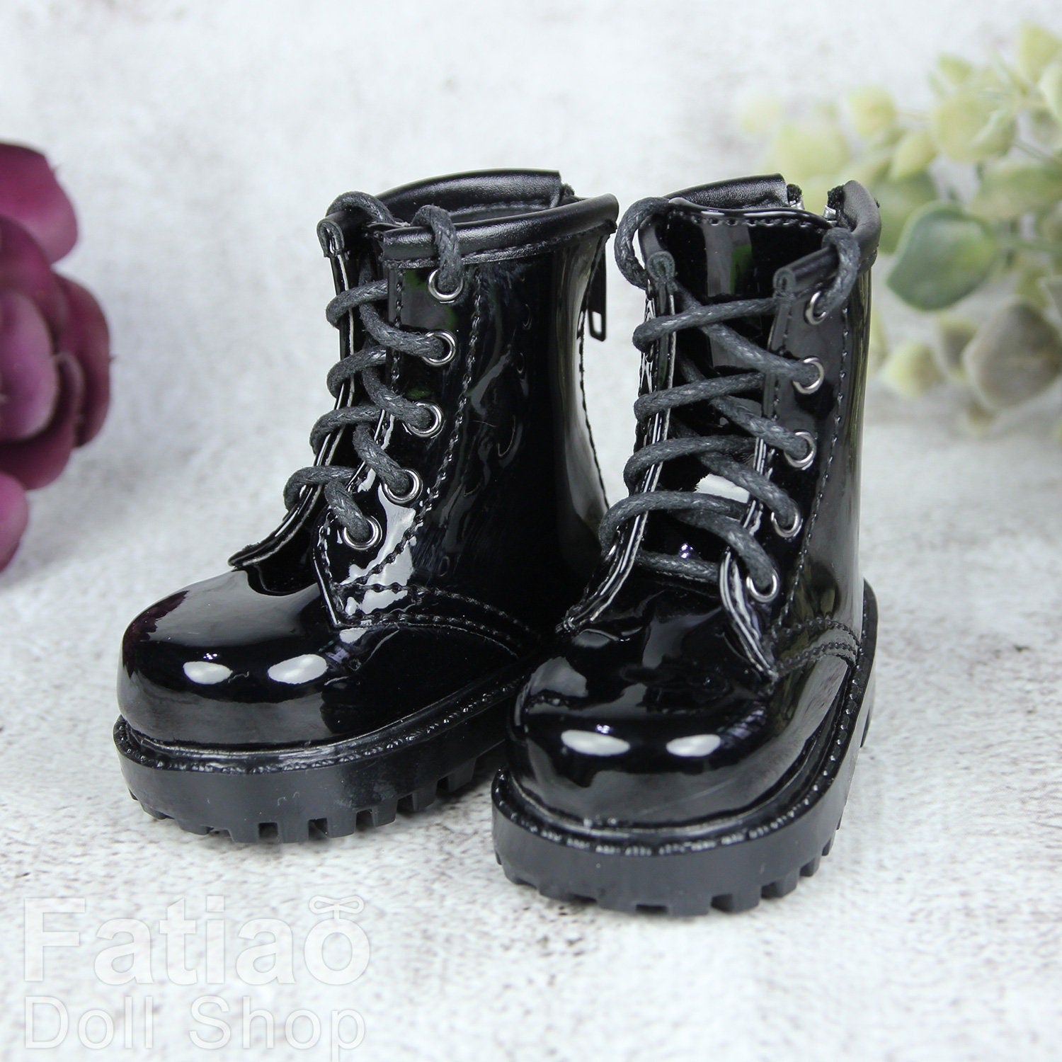 Fatiao - 1/4 BJD MSD dollfie Lace-up Boots Shoes - Black (Size 6cm)