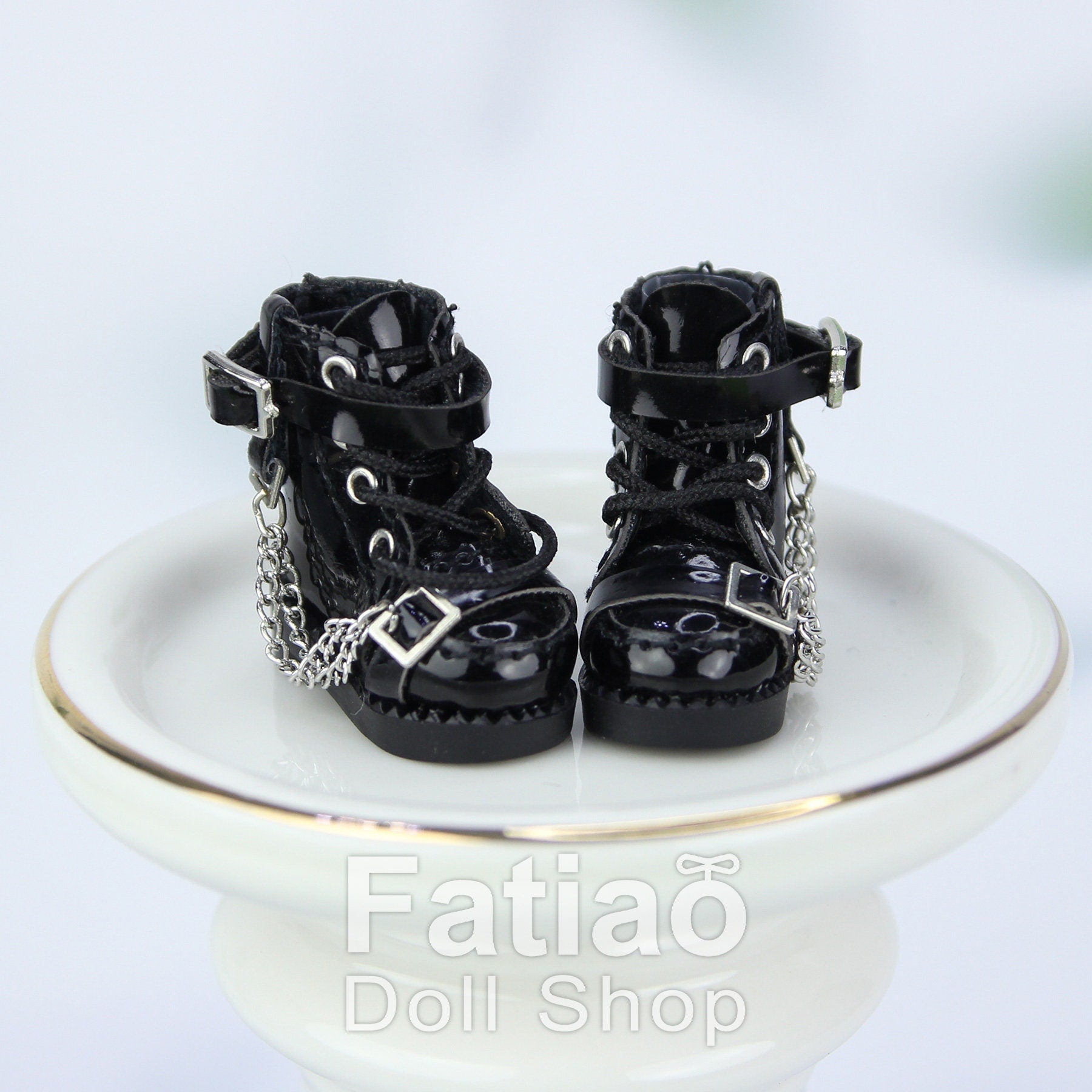 Fatiao - New Obitsu 11 OB11 1/12 BJD Nendoroid Blythe pullip doll punk iron chain Lace-up boots shoes