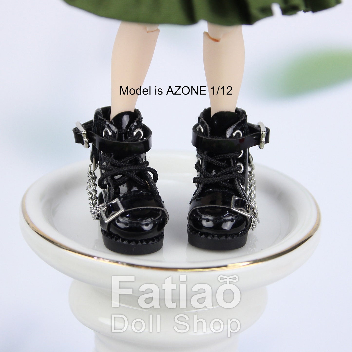 Fatiao - New Obitsu 11 OB11 1/12 BJD Nendoroid Blythe pullip doll punk iron chain Lace-up boots shoes