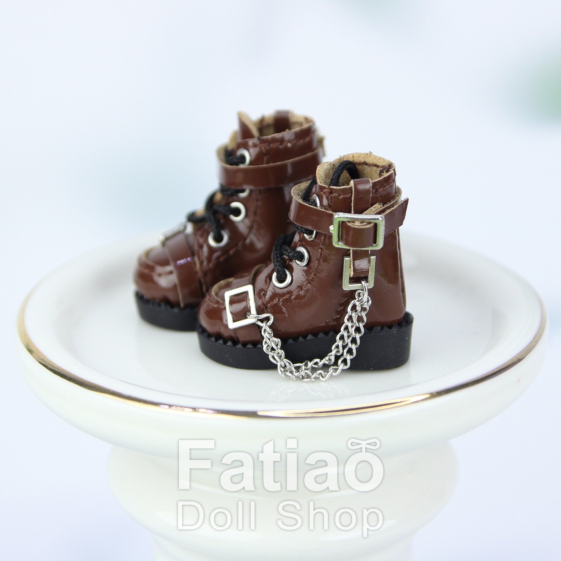 Fatiao - New Obitsu 11 OB11 1/12 BJD Nendoroid Blythe pullip doll punk iron chain Lace-up boots shoes