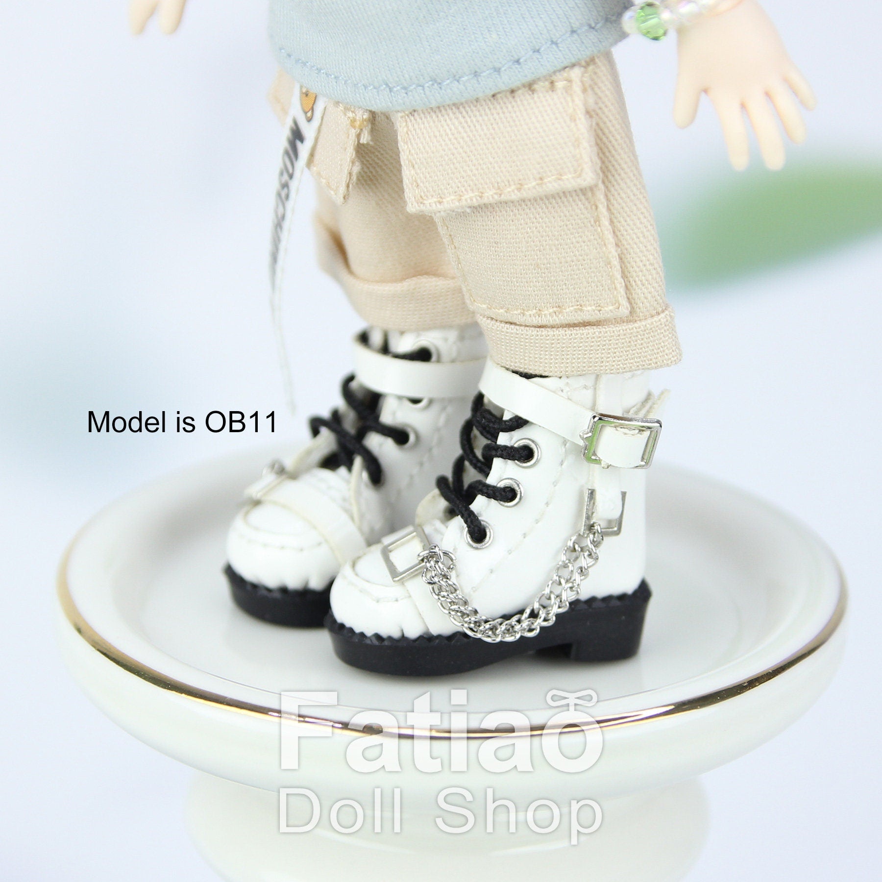 Fatiao - New Obitsu 11 OB11 1/12 BJD Nendoroid Blythe pullip doll punk iron chain Lace-up boots shoes