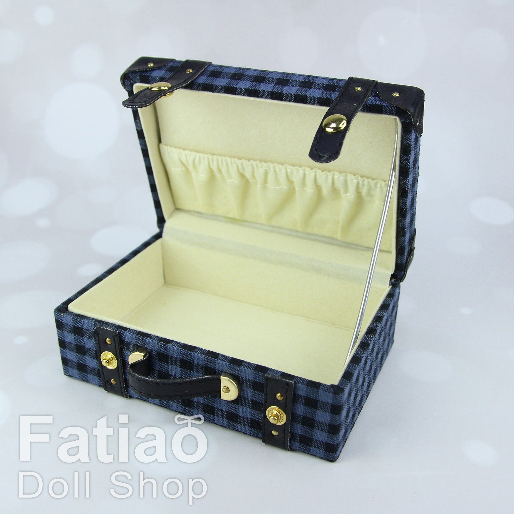 Doll BJD Dollfie Vintage Leather Miniature suitcase Trunk Bag - Blue Plaid