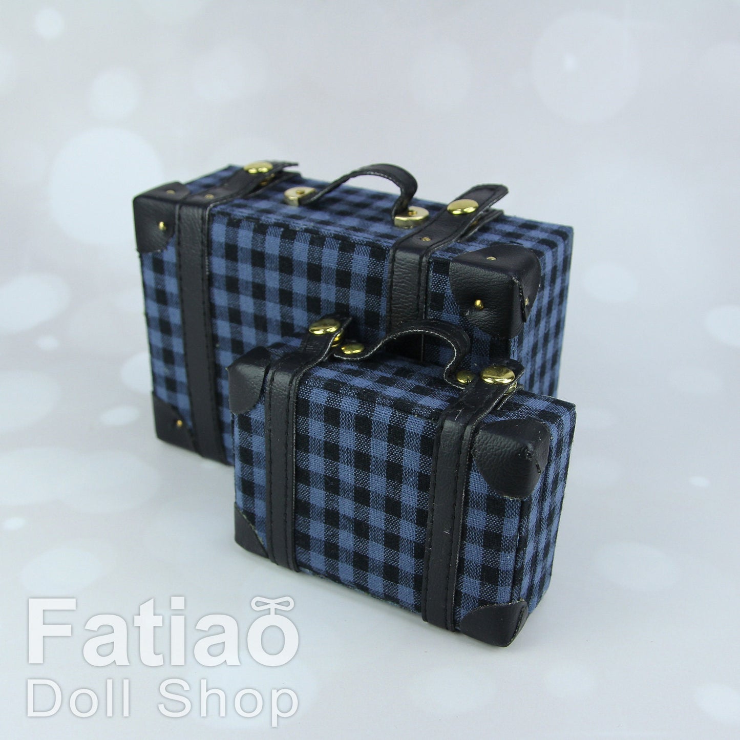 Doll BJD Dollfie Vintage Leather Miniature suitcase Trunk Bag - Blue Plaid