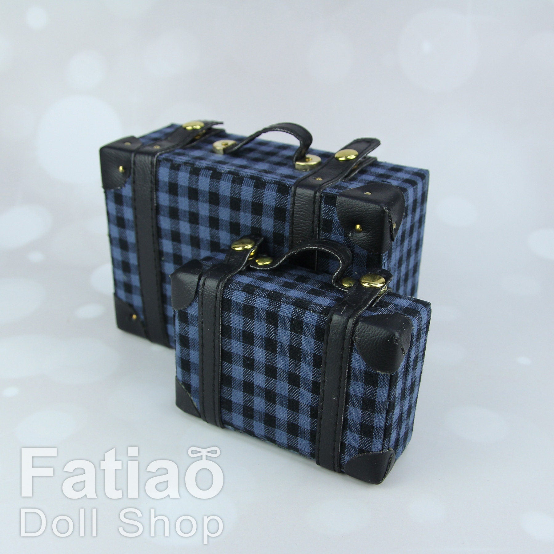 Doll BJD Dollfie Vintage Leather Miniature suitcase Trunk Bag - Blue Plaid