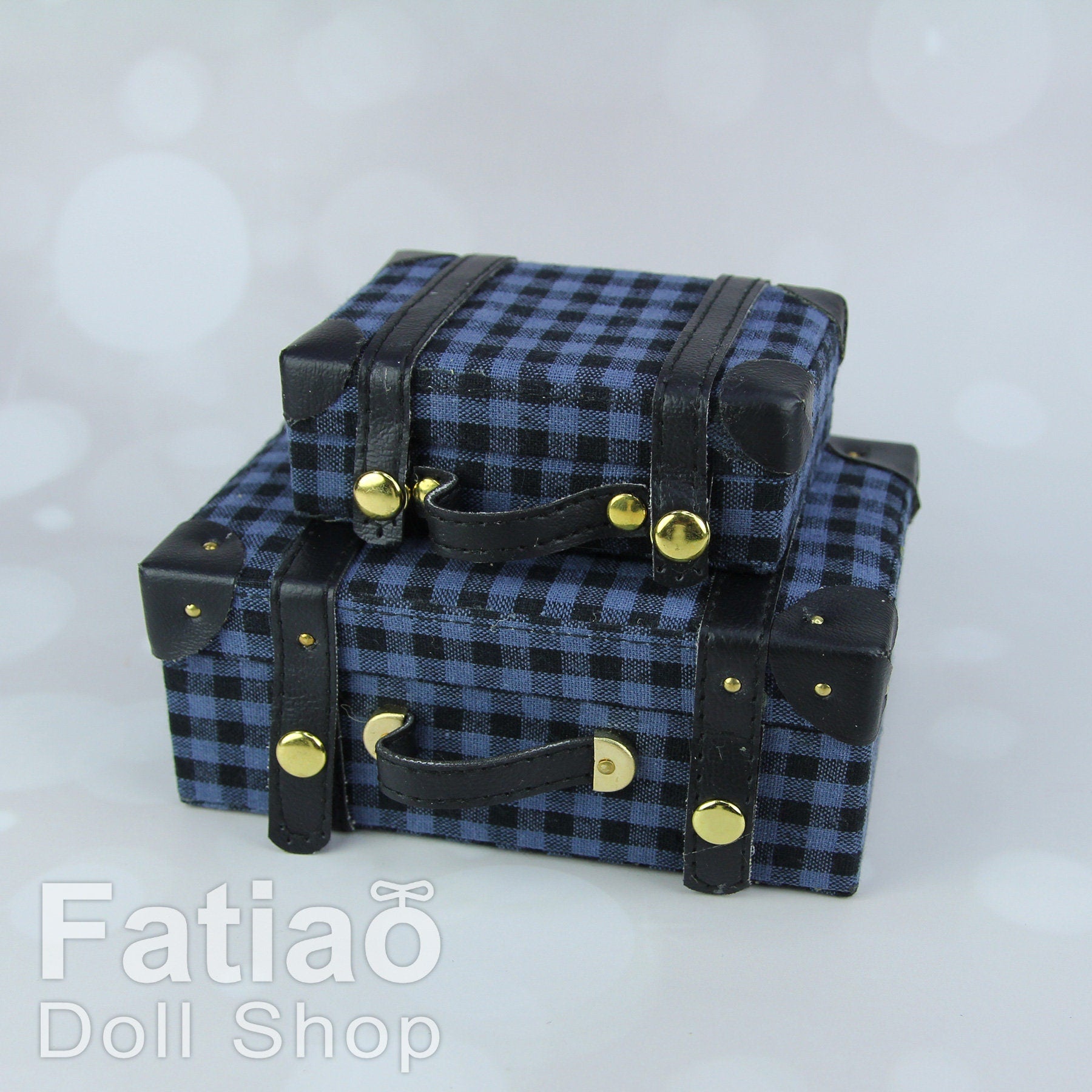 Doll BJD Dollfie Vintage Leather Miniature suitcase Trunk Bag - Blue Plaid