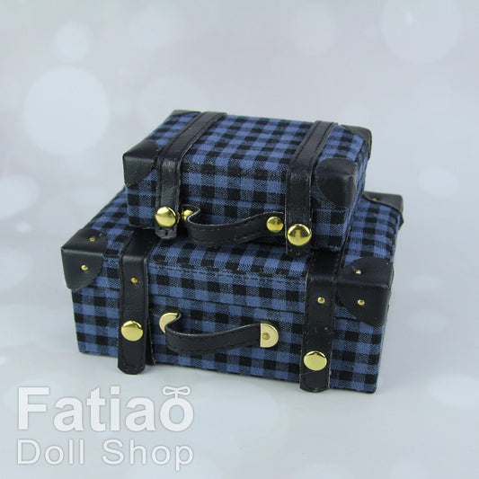 Doll BJD Dollfie Vintage Leather Miniature suitcase Trunk Bag - Blue Plaid