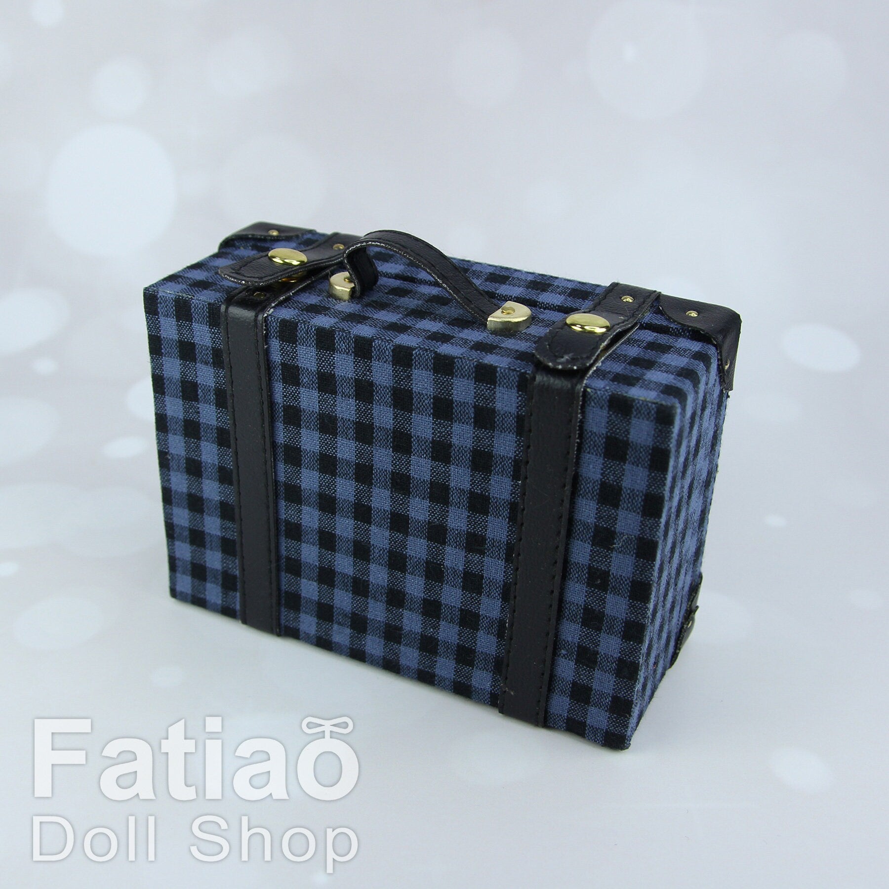 Doll BJD Dollfie Vintage Leather Miniature suitcase Trunk Bag - Blue Plaid