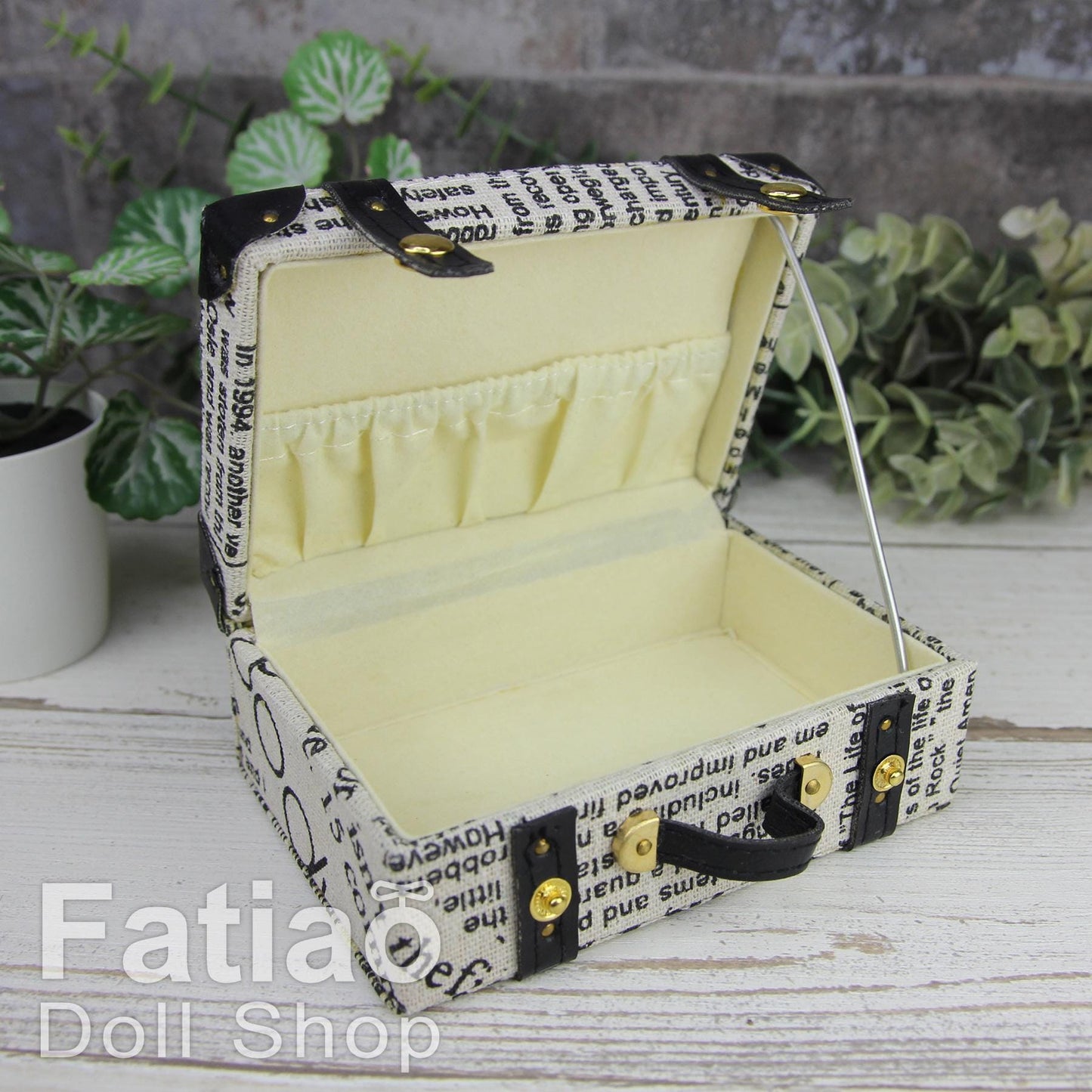 Doll BJD Dollfie Vintage Leather Miniature suitcase Trunk Bag - Black newspaper