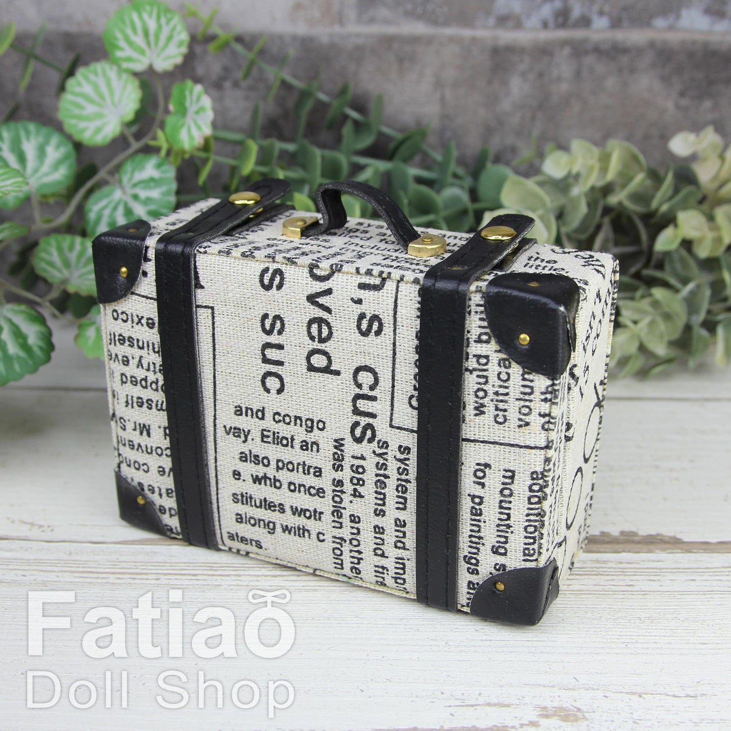 Doll BJD Dollfie Vintage Leather Miniature suitcase Trunk Bag - Black newspaper