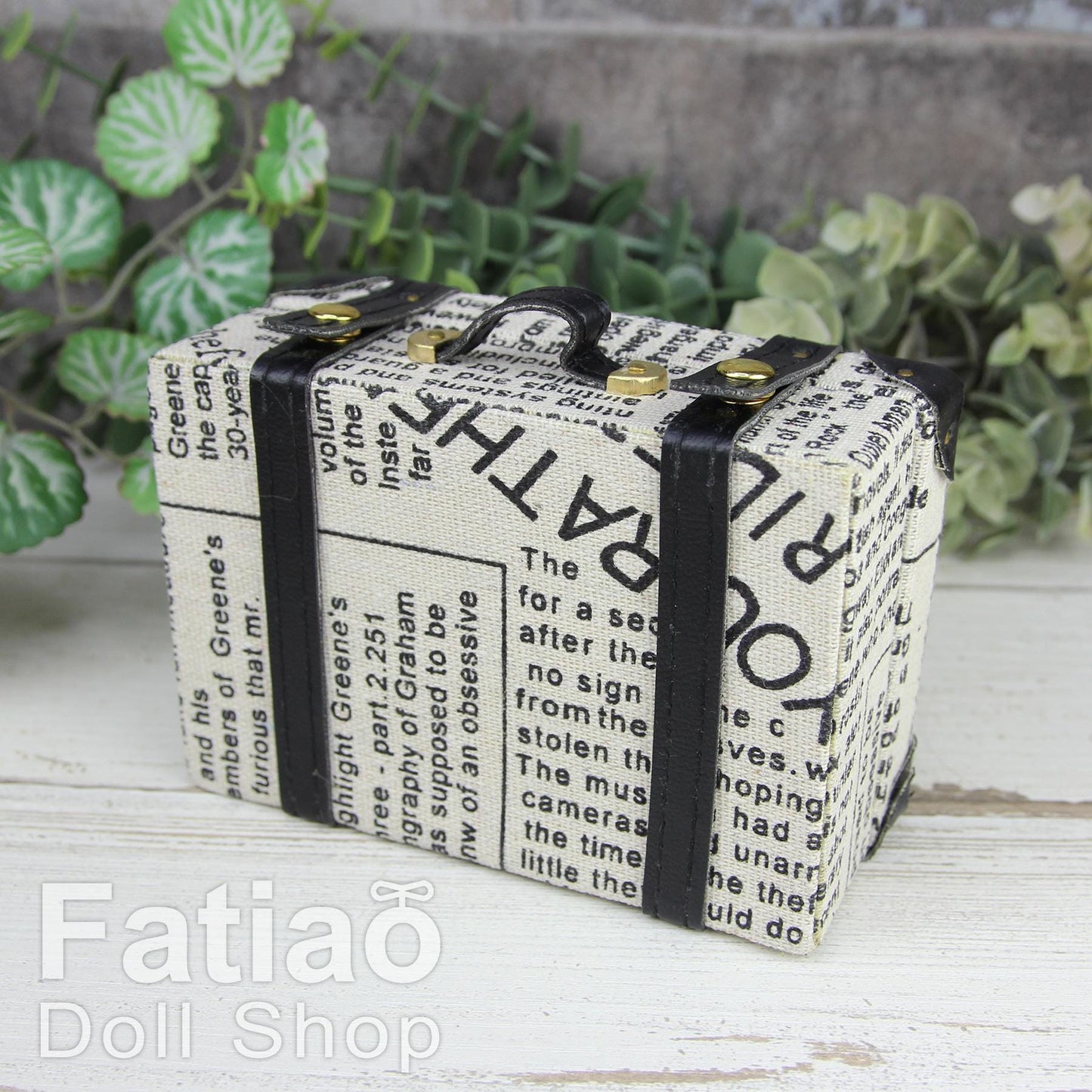 Doll BJD Dollfie Vintage Leather Miniature suitcase Trunk Bag - Black newspaper