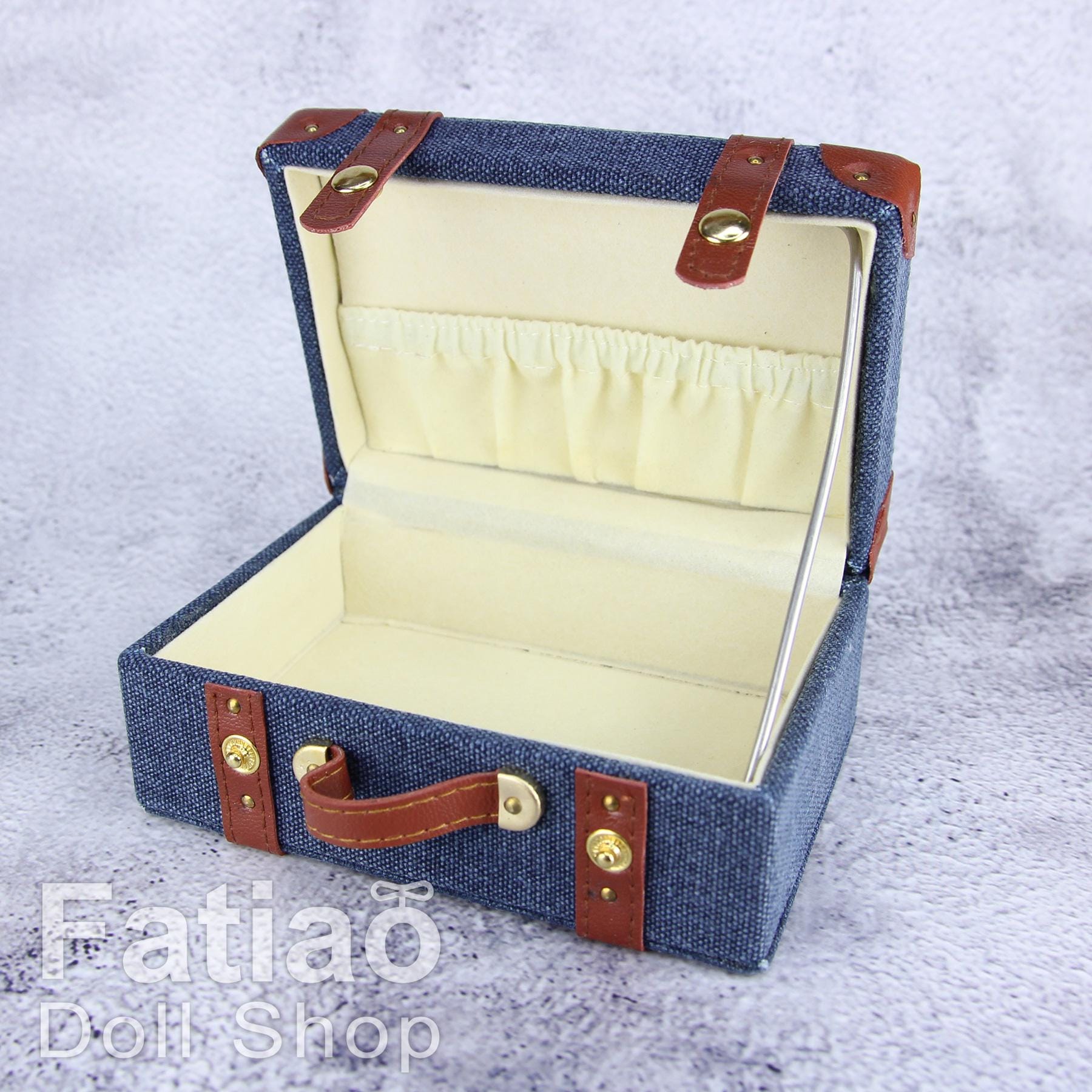 Doll BJD Dollfie Vintage Leather Miniature suitcase Trunk Bag - denim