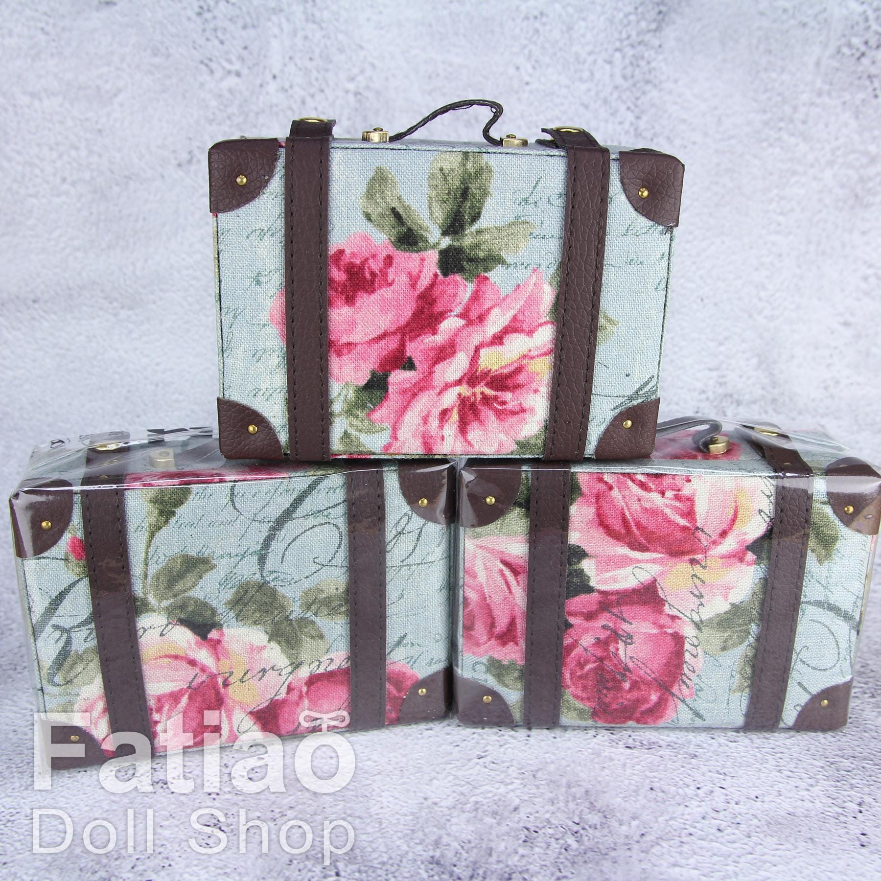 Doll BJD Dollfie Vintage Leather Miniature suitcase Trunk Bag - Gray-blue Floral