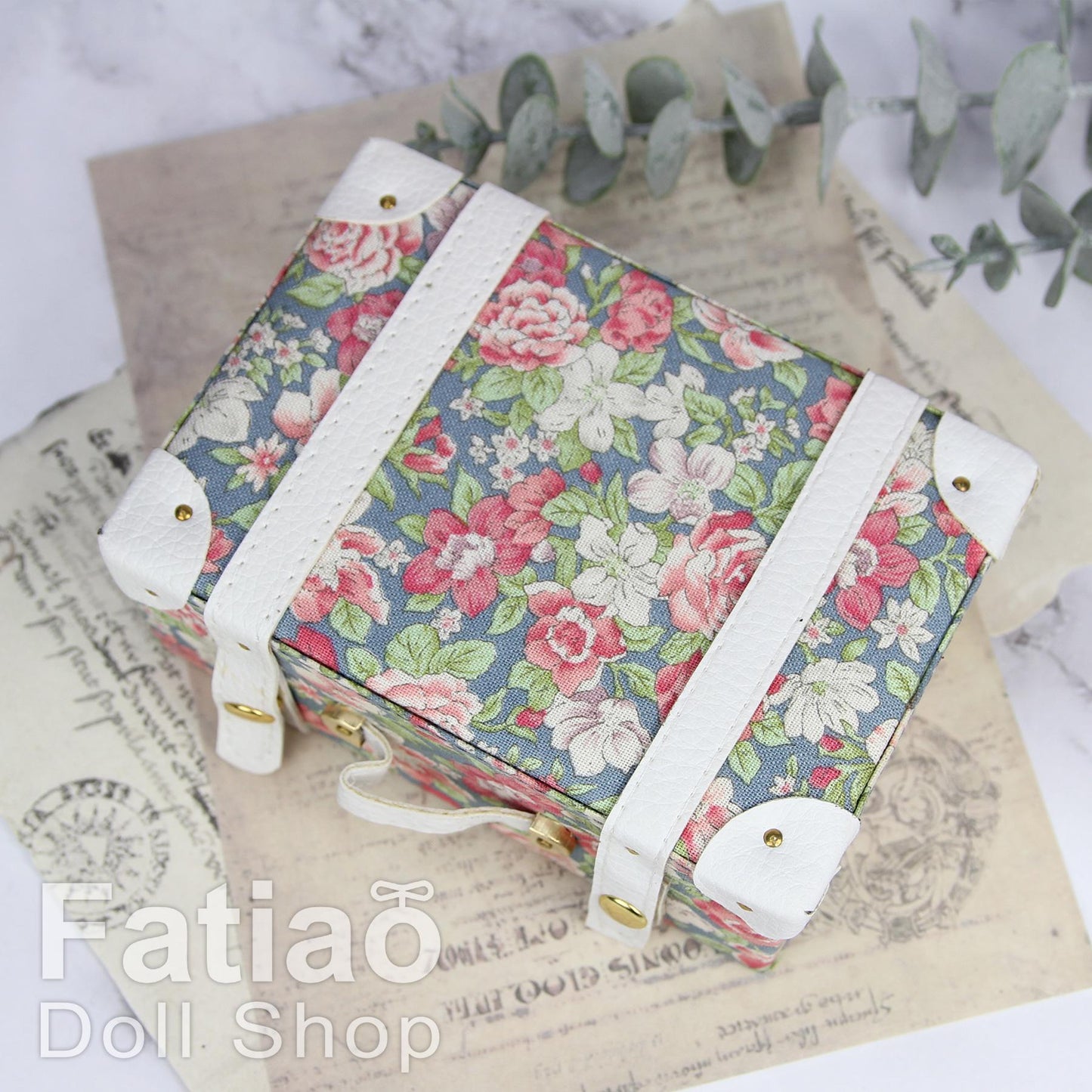 Doll BJD Dollfie Vintage Leather Miniature suitcase Trunk Bag - Floral