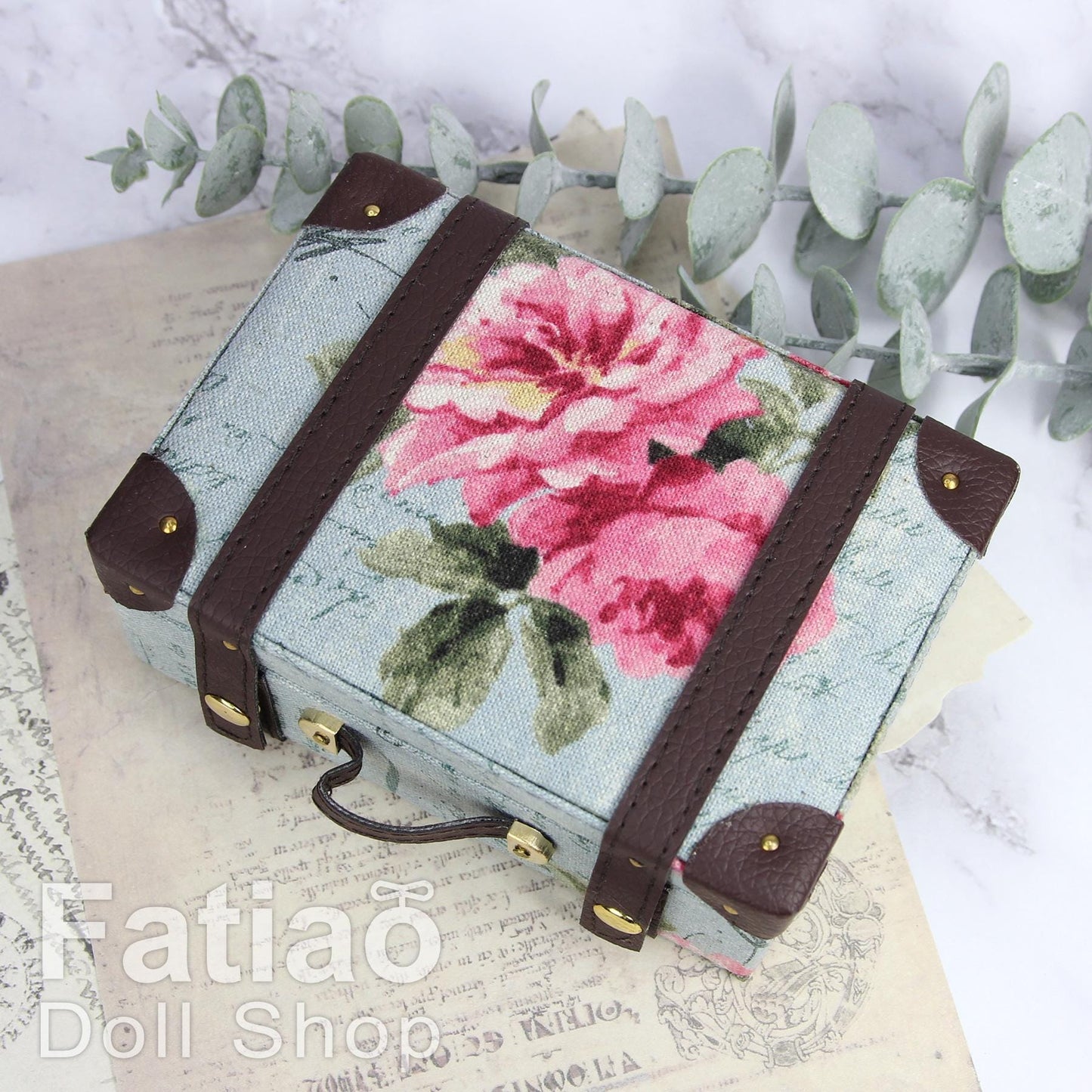 Doll BJD Dollfie Vintage Leather Miniature suitcase Trunk Bag - Gray-blue Floral