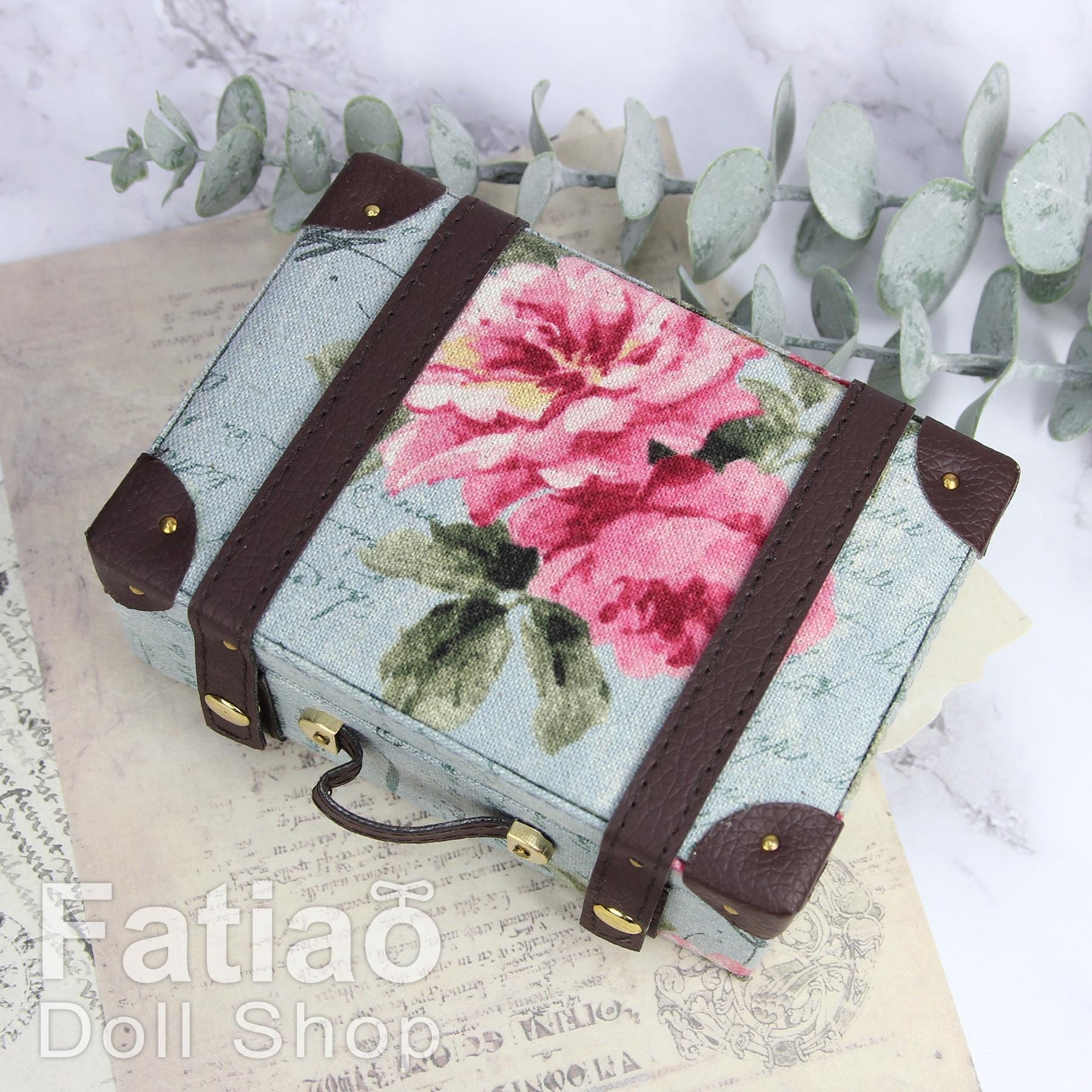 Doll BJD Dollfie Vintage Leather Miniature suitcase Trunk Bag - Gray-blue Floral