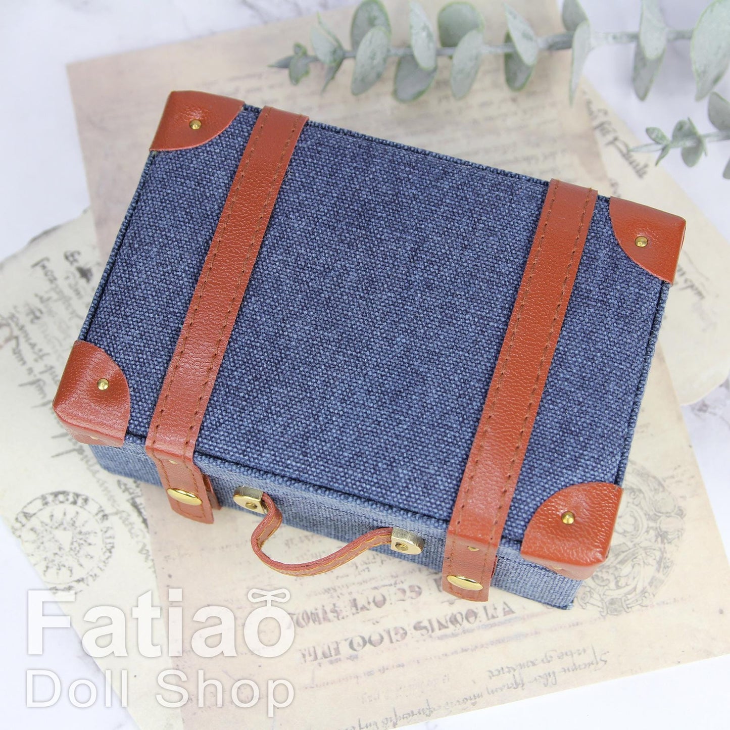 Doll BJD Dollfie Vintage Leather Miniature suitcase Trunk Bag - denim