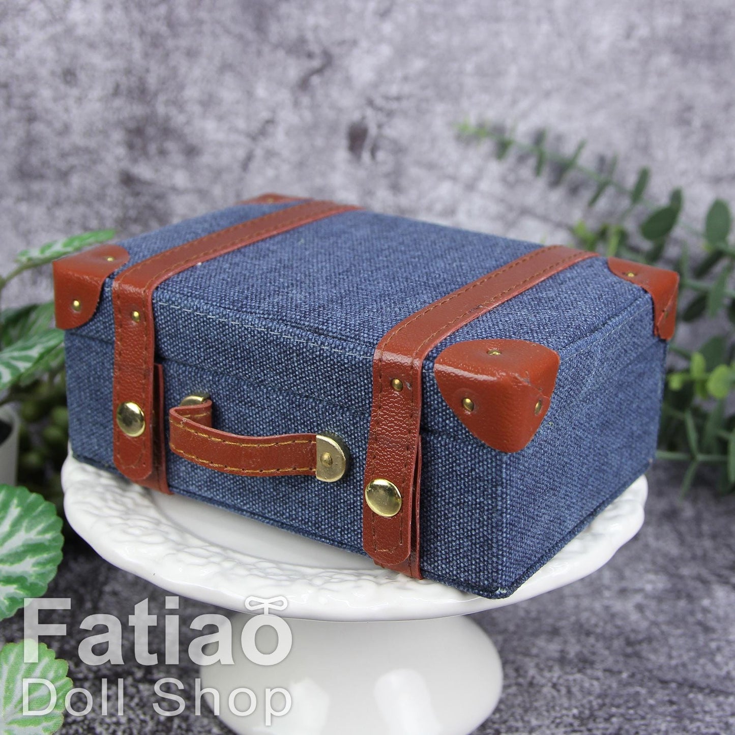 Doll BJD Dollfie Vintage Leather Miniature suitcase Trunk Bag - denim