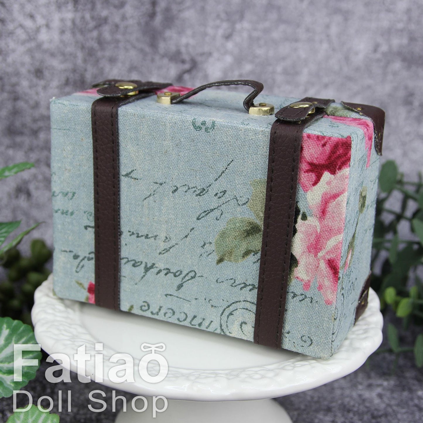 Doll BJD Dollfie Vintage Leather Miniature suitcase Trunk Bag - Gray-blue Floral