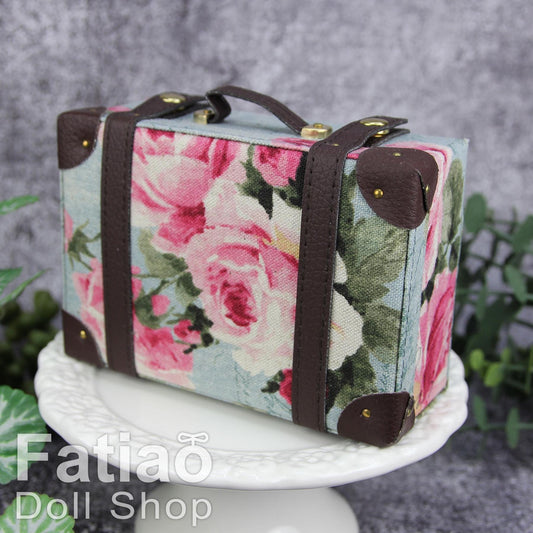 Doll BJD Dollfie Vintage Leather Miniature suitcase Trunk Bag - Gray-blue Floral