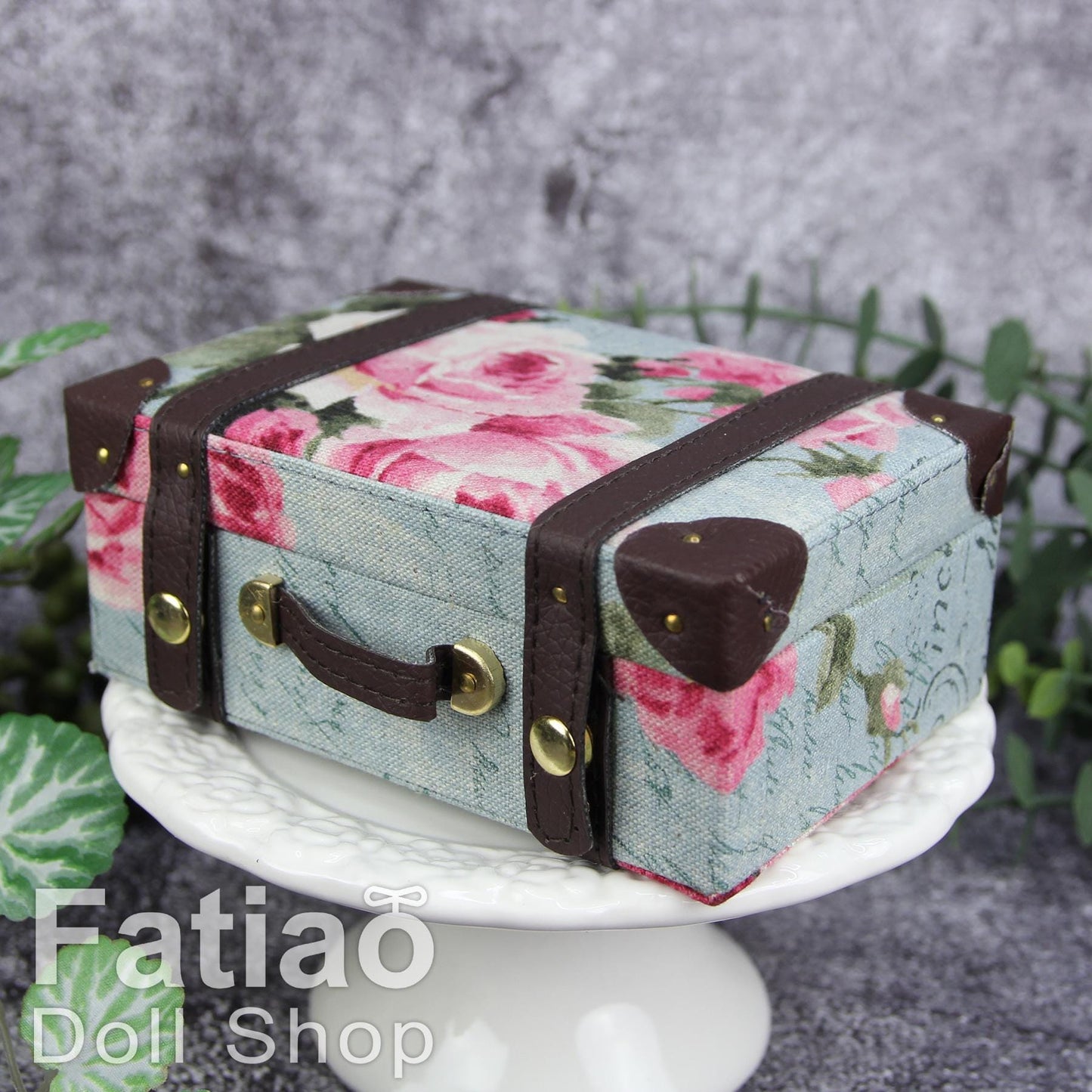 Doll BJD Dollfie Vintage Leather Miniature suitcase Trunk Bag - Gray-blue Floral